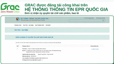 GRAC được đăng tải công khai trên Hệ thống thông tin EPR quốc gia với vai trò đơn vị nhận ủy quyền tái chế sản phẩm, bao bì.