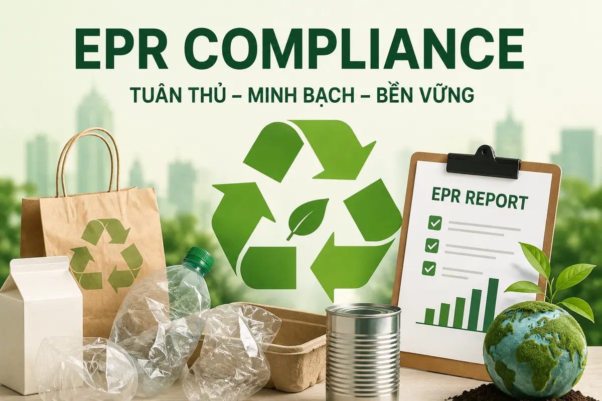 EPR Compliance với biểu tượng tái chế, bao bì tái chế và báo cáo bền vững