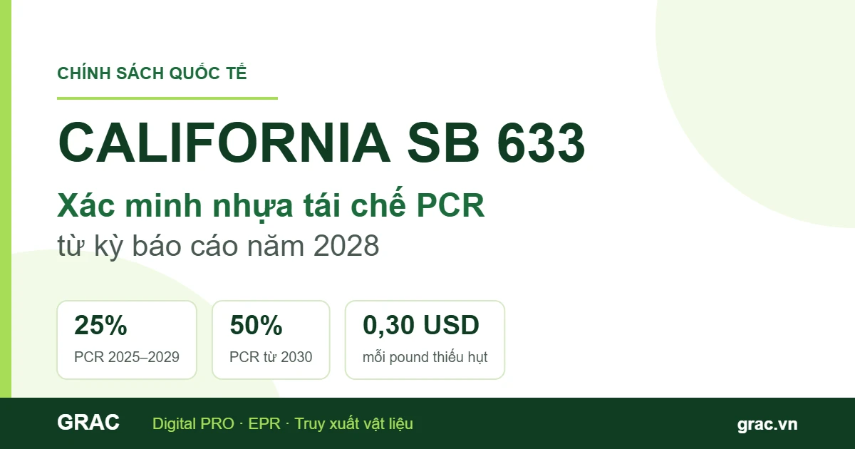 Ảnh đồ họa GRAC: tiêu đề California SB 633, xác minh nhựa tái chế PCR từ kỳ báo cáo 2028, kèm ba chỉ số 25%, 50% và 0,30 USD mỗi pound